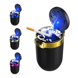 Suvnie Car Ashtray with Lid, Detachable Stainless Steel Smokeless Auto Ashtray with Blue LED Light, Mini Vehicle Trash Can for Cup Holder Home Office, Interior Car Accessories (Golden)