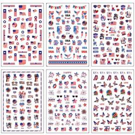 6PCS 4th of July Nail Art Stickers Independence Day Nail Decals American Flags Heart Star Firework 3D Self-Adhesive USA Patriotic Nail Stickers Nail Designs for Women Memorial Day Nails Decorations