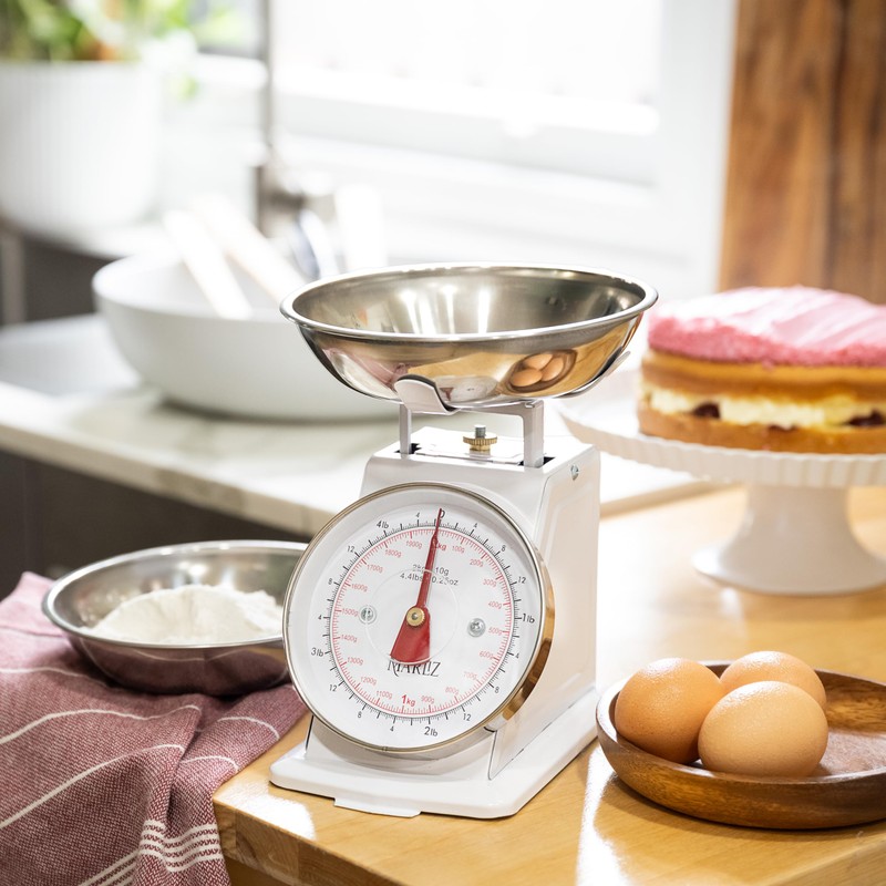 MARLIZ Small Retro Kitchen Scale 4.4Lb/2Kg with 2 Bowls White