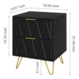 Nightstands Set of 2, Modern Bedside Table with 2 Drawers, Wood Sofa End Table Storage Side Table with Metal Leg and Handle for Bedroom, Living Room(Black)