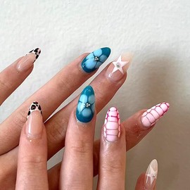 LWTZLW Leopard French Tip Press on Nails French Tip Medium Almond False Nails White Star Full Cover Glue on Nail Color Oval Acrylic Fake Nails Glossy Flower Artificial Nails Reusable for Women