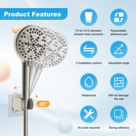 Hibbent 2 Pack Shower Head Holder, Strong Adhesive and Waterproof Handheld Shower Holder, Height Adjustable Wand Bracket, Wall Mount, No Drilling, Brushed Nickle