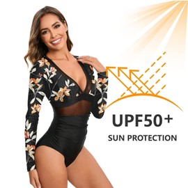 NESY Women's Long Sleeve Rash Guard Swimsuits One Piece Bathing Suit UV Protection Surfing Suit Zipper Printed Swimwear