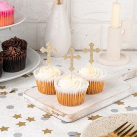 CloverCrafts 12 x Gold Glitter Christian Cross Cupcake Toppers – Christening Party Decor