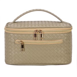 FITINI Large Makeup Bag Portable Cosmetic Bags,Travel Make-up Organize Leather Toiletry Bag for Women Purse With Handle Zipper Cosmetic Brush Pouch,Olive Green