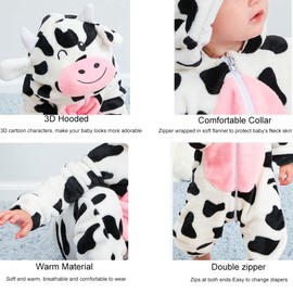 Baby Animal Costume - Unisex Infant Winter Autumn Flannel Cartoon Hooded Romper Toddler Cosplay Jumpsuit Warm Outfit (Tag70, Cow)