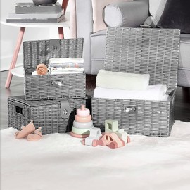 Unibos | Woven Wicker Hamper Basket | Comes with Lid & Lock | Decorative Storage Box | Resin Shelf Storage Baskets | for Organizing Toys, Clothes, Office etc | Insert Handles | Set of 3 | 𝗚𝗥𝗘𝗬