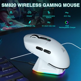 SOLAKAKA SM820 Wireless Gaming Mouse with RGB Charging Dock,24000 DPI Tri-Modes Wireless Mouse with 2 Side Buttons,Programmable Macro Mouse for Gaming(White)