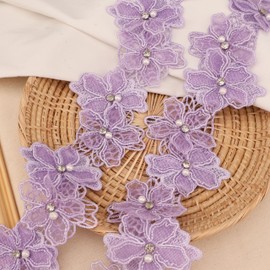 Organza Flower Trim 2 Yards 3D Pearl Beads Flower Lace Trim Embroidered Applique Sewing Craft for Sewing,DIY Crafts,Home Decor (Purple)