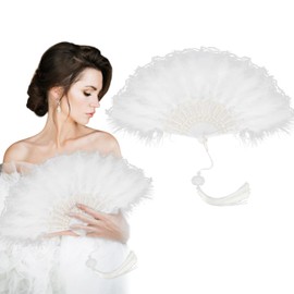 MEIYIFANG Handheld Folding Fan Feather Lace Chinese Vintage Style Hand Held Folding Fans Photograph Party Wedding Dancing Decoration (White)