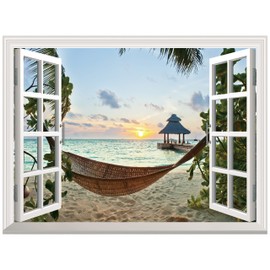 FLFK Fake Window Wall Sticker - Sunset Beach Faux Window Wall Mural for Wall Decor, Stick and Peel Wall Decals,80"x60",Set of 5 Sheets