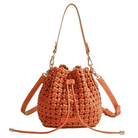 JINMANXUE Fashion Hollow Bucket Tote Bag For Women, Crossbody Female Handbag Woven Silk bag Leisure Leather Shoulder Bag, Orange