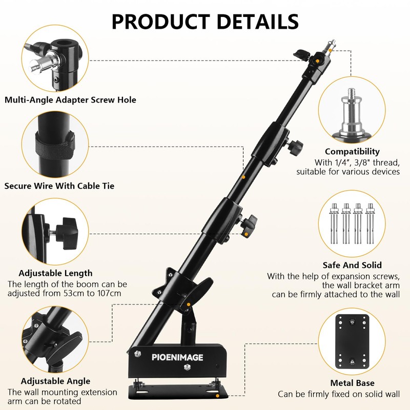 PIOENIMAGE 42" Wall Mount Triangle Boom Arm, Retractable Ring Light