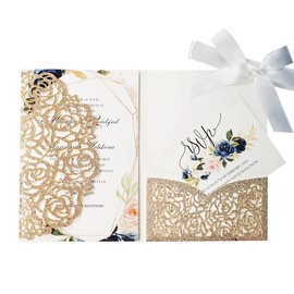20PCS Tri-fold Laser Cut Wedding Invitations Cards with RSVP Cards for Wedding Bridal Shower Engagement Birthday Invite (Gold Glitter)