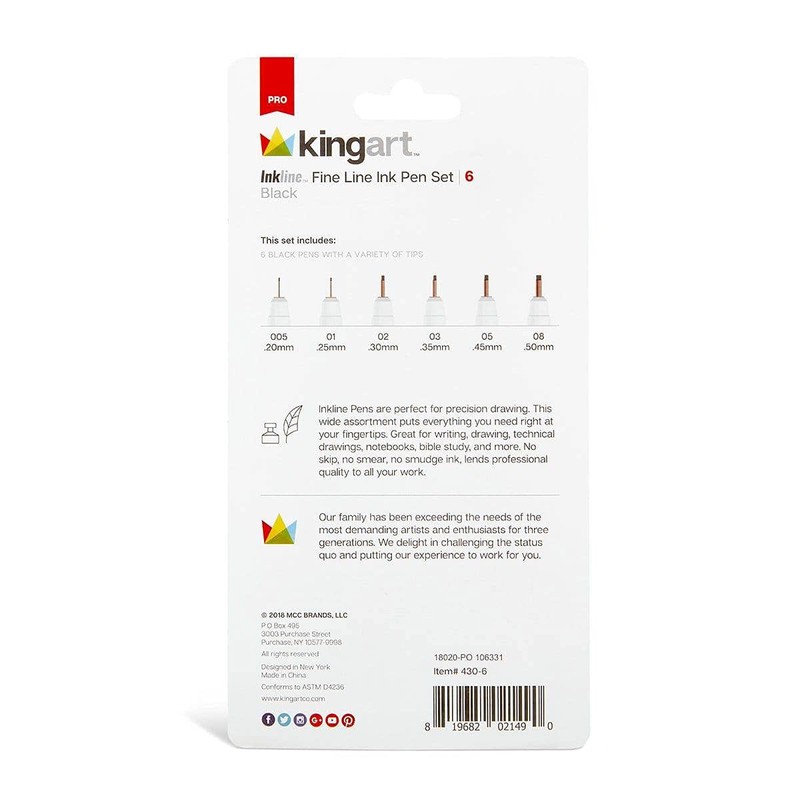KINGART Inkline Fine Line Black Pens, Set of 6 with