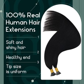 Ugeat I Tip Hair Extensions Human Hair 20Inch Jet Black Remy I Tip Hair Extensions Human Hair #1 Pre Bonded Fusion Hair Extensions 40Gram Per Pack 0.8G/S Stick Tipped Hair Extensions