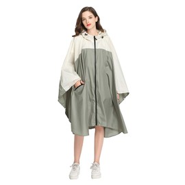 Womens Rain Poncho Stylish Polyester Waterproof Raincoat Free Size with Hood Zipper (green white)