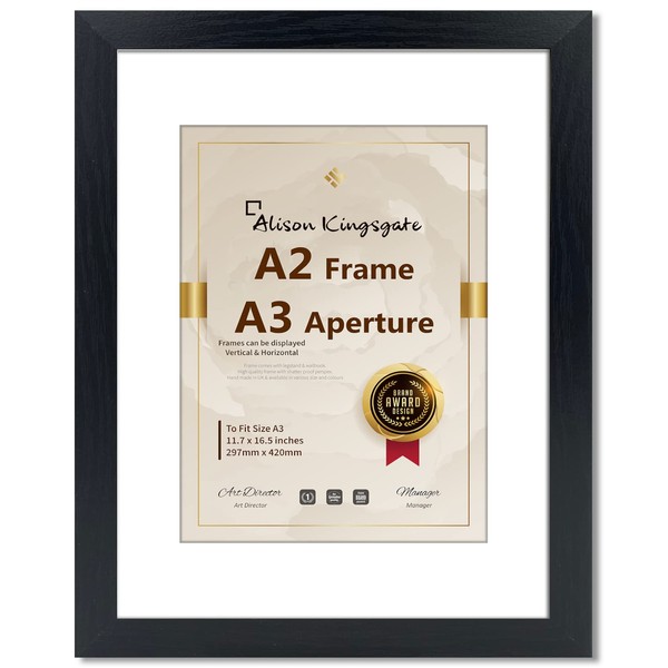Alison Kingsgate Black A2 Frame with A3 Mount In Clear Perspex Front - Black A2 frame with Mount For A3 Print - Display Portrait or Landscape (A2 Frame With A3 Mount, Black)