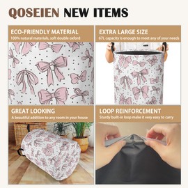 Pink Bow Collapsible Laundry Baskets,Black Dots Laundry Hamper,Storage Basket with Handles for Bathroom Bedroom College Dormitory Living Room Nursery Organizer 16"x20"