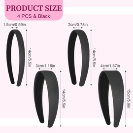 Pack of 4 Women's Wide Headband with Clips Headband Headband Women's Back Head Wide Hair Hoop Wide DIY Hair Hoop Hair Band Girls Headbands Black 1.5 cm, 2 cm, 3 cm, 4 cm