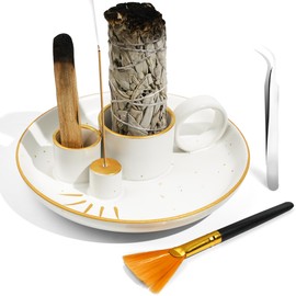 Incense Holder,4 in 1 Incense Burner Holder,Sage Holder for Burning,Palo Santo Holder with Handle,5.9 Inch Ceramic Incense Burner Ash Catcher Tray for Meditation Yoga Room.