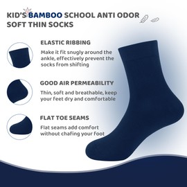 SERISIMPLE Kids Viscose Bamboo School Socks Soft flate Seam Color Anti Odor Thin Breathable Stretch Cuffs Girls Boy 5 Pairs (Medium, Navy blue)