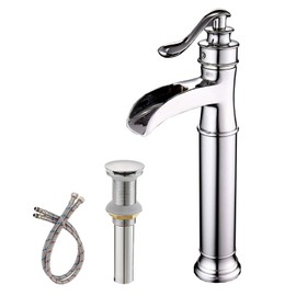 BWE Vessel Sink Faucet Chrome Polished Waterfall Spout Tall Body Single Hole with Brass Pop Up Drain Assembly Without Overflow Bathroom Lavatory Vanity Faucets Commercial