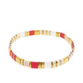 Sonateomber Tila Flat Beaded Stretch Bracelets for Women, Trendy Stackable Gold Purplish Red Glass Square Beads Stack Bracelet Beach Jewelry Gift