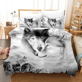 CIUNVXD 3D Wolf Theme Pattern Duvet Cover, 3D Realistic Animal Wolf Motif Bedding Set, Wolf Motif Print Design Bedding for Boys, Girls, Children (A, 135 x 200 cm)