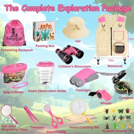 AMFUN Outdoor Explorer Kit for Kids, Kids Binoculars Set, Outdoor Exploration Set Bug Hunting Costume Hat Vest, Children Outdoor Educational Kit, for Kids Science Nature Exploration Toys(25PCS)