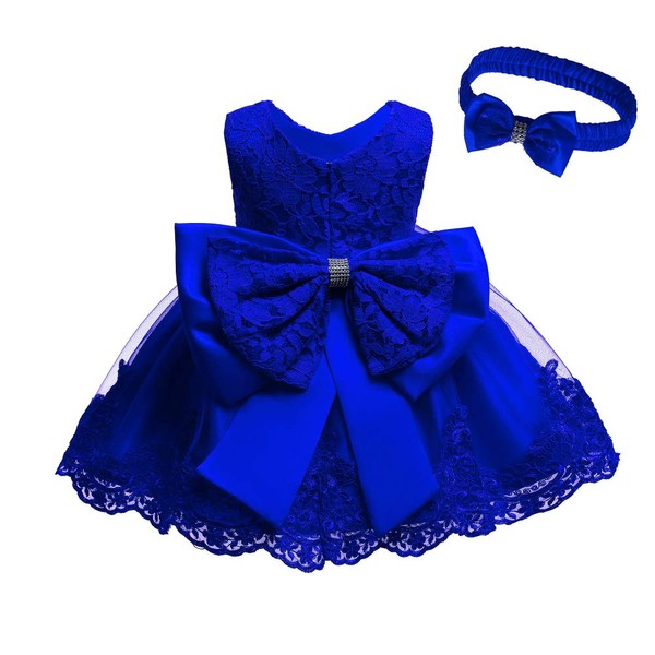 0-2T - Vestido de encaje con lazo grande para niñas pequeñas y niñas, Azul Real, 6-12 Meses