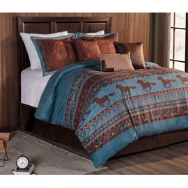 Chezmoi Collection Sedona 7-Piece Southwestern Wild Horses Microsuede Bedding Comforter Set, Full, Turquoise Blue