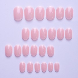 Short False Nails French Tip - 24pcs Round Square Fake Nails with Glue - French Tip Press on nails - Light Pink Stick on Nails - Square nail Tips Full Cover Elegant Natural for Women Girls Manicure