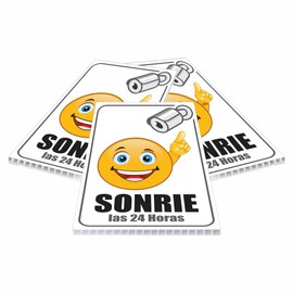 Letrero Señal con texto en español "SONRIE" – medidas de 20 x 30 cm – Señal informativa invitando a manter un estado de ánimo positivo LAS 24 HORAS, y cámara grabando (disuadir). - 3 LETREROS