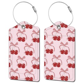 Luggage Tags for Suitcases Pink 2 Pack Cute Unique Cherry Leather Suitcase Tags with Privacy Labels and Stainless Steel Loop Travel Tags for Luggage Women Men Girls Boys Bag Backpack Tags