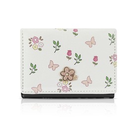 WisePoint Cute Card Holder Wallet, Flower Button & Butterflies Print Card Wallets for Women, Elegant Youthful PU Short Women's Wallet with ID Window for Travel, Shopping (Black)