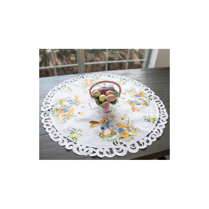 Easter Bunny Table Topper, Round Decorative, White with Floral Pattern