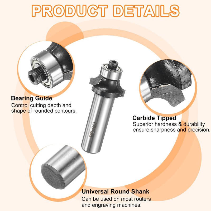 sourcing map Roundover Router Bit 1/2" Shank 3/8" Cut Diameter
