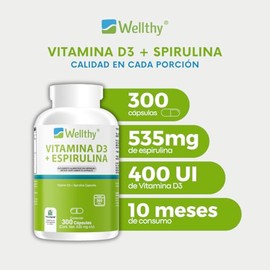 Wellthy Vitamina D3 400 unidades  Espirulina 300 Cpsulas. Reforzado con 535mg de Alga Espirulina, VCaps Cpsulas Veganas, 10 Meses de Consumo.         