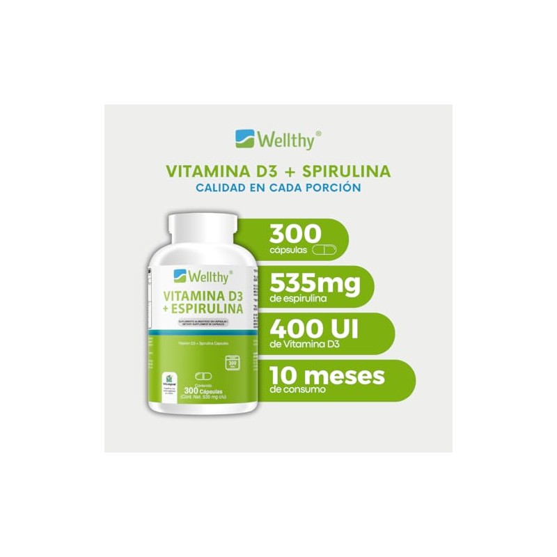 Wellthy Vitamina D3 400 unidades Espirulina 300 Cpsulas. Reforzado con