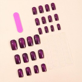 Glitter Dark Purple Cat Eye Press on Nails Medium Square Fake Nails Glossy Reusable Acrylic Stick on Nails with Glue on Nails for Women DIY Charm Manicure
