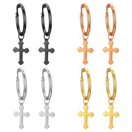 Cupimatch 4 Pairs Women Men Stainless Steel Clip Hinged Hoop Earrings Set with Cross Dangle, Silver Black Gold Rosegold