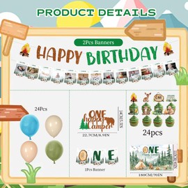 Aposwow Happy One Camper Birthday Decorations, 53 PCS Camping Bday Glitter Photo Banner, Backdrop, High Chair Banner Party Decoration Campe 1st Cupcake Toppers and Ballons Supplies