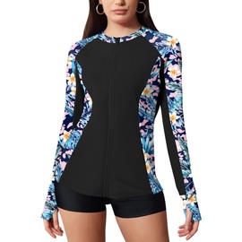 LOMON Women's Zip Front Long Sleeve Rashguard Swimwear Sun Protection Sports Shirts Bathing Suits Black White Flower S
