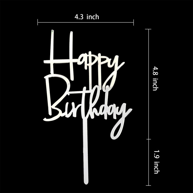 Decoración acrílica para tartas de feliz cumpleaños (espejo plateado)