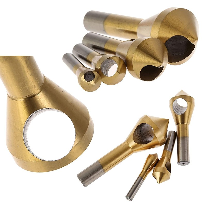 KEWAYO 4pcs Titanium Coated Countersink Chamfer Tool Deburring Tool Set