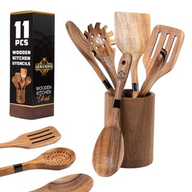 Armandine Teak Wooden Spoons for Cooking 11-Piece - Non-Stick & Non-Scratch Wooden Cooking Utensils Set - Heat Resistant Kitchen Utensils Set