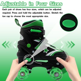 WELLWON Kids Roller Skates for Boys Girls, 4 Size Adjustable Kids Rollerskates with Light Up Wheels, Roller Skates for Boys Girls Size L Green
