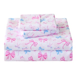 Softan Kids Bed Sheet Set, Girls Twin Size Kids Sheets, Microfiber Fitted Sheet and Pillowcase, Breathable and Silky Soft, 3 Piece Colourful Bowknot Printed Twin Bed Sheet