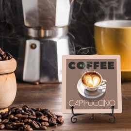 FUQWZ Cappuccino Coffee Sign - 5x5 Inch Wooden Plaque with Iron Stand - Coffee Decor for Home Café, Kitchen, Living Room. (031)